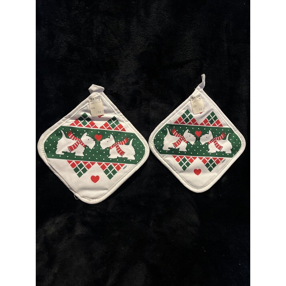 2 VTG B&D Holiday Trimmings Dogs with Scarf Christmas Pot Holders NWT